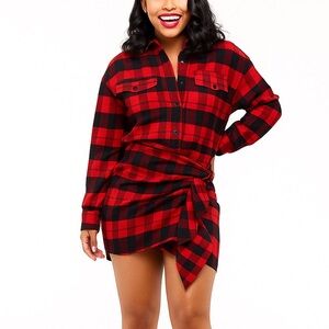 Red and Black Plaid Shirt Dress
